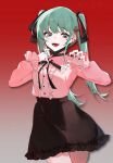  1girl absurdres bandaid fangs hair_ornament hatsune_miku heart highres jewelry jirai_kei long_hair long_sleeves looking_at_viewer mask mask_pull mouth_mask nekotoba02 open_mouth red_background ribbon shirt simple_background skirt smile solo twintails vampire_(vocaloid) vocaloid 