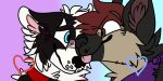 2018 ambiguous_form ambiguous_gender animated black_body black_fur black_nose blep blue_eyes border_collie brown_eyebrows brown_eyes brown_inner_ear brown_inner_ear_fluff canid canine canis collar collie digital_drawing_(artwork) digital_media_(artwork) domestic_dog duo eye_contact eyebrows flat_colors fur german_shepherd gradient_background grey_body grey_fur grey_nose hair heart_symbol herding_dog inner_ear_fluff jaspering kerchief looking_at_another loop lukas_solshepherd male_(lore) mammal neckerchief pastoral_dog pink_tongue purple_kerchief purple_neckerchief red_collar red_hair sephie_(anirecast) sheepdog simple_background smiling_at_each_other snout tan_body tan_fur tongue tongue_out touching_noses tuft whisker_spots white_body white_eyebrows white_fur white_inner_ear white_inner_ear_fluff