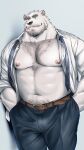  1boy animal_ears another_eidos-r bara bare_pectorals bear_boy bear_ears beard belt blue_necktie blue_pants brown_belt bulge chest_tuft collared_shirt cowboy_shot facial_hair furry furry_male gamubear grey_background hand_in_pocket highres large_pectorals looking_at_viewer loose_necktie male_focus muscular muscular_male mustache navel navel_hair necktie open_clothes open_shirt pants pectorals scar scar_across_eye shirt sigvaldi_(another_eidos) simple_background solo strongman_waist thick_eyebrows thick_neck white_fur white_shirt 