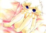  blue_eyes blush canine cub cute dog fur hand_on_butt kasasagi looking_at_viewer male mammal nude panashe pillow scarf solo yellow_fur young 