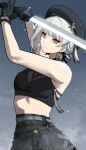  1girl bare_shoulders belt black_gloves breasts cleavage crop_top earrings gloves grey_hair hat high-waist_skirt highres holding holding_sword holding_weapon jewelry jon_eve looking_at_viewer sanhua_(wuthering_waves) skirt solo sword symbol-shaped_pupils tacet_mark_(wuthering_waves) weapon wuthering_waves 