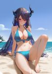  1girl absurdres asymmetrical_horns beach bikini black_hair blue_bikini blue_hair blue_sky blush breasts cleavage cloud colored_inner_hair demon_horns front-tie_bikini_top front-tie_top highres hololive hololive_english horns large_breasts long_hair looking_at_viewer mirowin mole mole_under_eye multicolored_hair nerissa_ravencroft red_eyes sand side-tie_bikini_bottom sky solo swimsuit two-tone_hair uneven_horns virtual_youtuber 