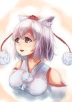  animal_ear_fluff animal_ears bare_shoulders breasts cleavage collarbone detached_sleeves hat highres inubashiri_momiji looking_away medium_breasts momiji_manjuu_(usagiblackmore) open_mouth pom_pom_(clothes) red_eyes short_hair silver_hair sketch solo tokin_hat touhou upper_body wolf_ears 