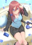  1girl absurdres adjusting_hair black_jacket black_shorts blue_eyes blue_shirt breasts brown_hair cleavage closed_mouth commentary_request couch falling_petals from_above go-toubun_no_hanayome hair_between_eyes headphones highres jacket large_breasts long_hair long_hair_between_eyes long_sleeves looking_at_viewer looking_up nakano_miku on_couch open_clothes open_jacket petals phone railtracer8888 shirt short_shorts shorts sitting smile solo white_shirt 