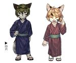  alternate_version_available anthro brown_eyes canine cat clothing cub duo eyes_closed feline footwear furioriddo havikku japanese_clothing kimono male mammal sandals simple_background white_background wolf young うまに 