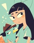  ! 1girl black_hair blue_bow blue_shirt blush blush_stickers bow fedora hat hime_cut long_hair orange_hair parted_lips perry_the_platypus phineas_and_ferb platypus shirt simple_background stacy_hirano sudako_(tkb315) toon_(style) 