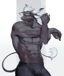  abs anthro areola black_body black_fur bovid bovine bulge cattle clothed clothing fur hair horn looking_away male mammal muscular muscular_anthro muscular_male sd_planb solo underwear underwear_only white_hair 