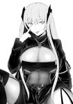  1girl beak_(girls&#039;_frontline) bodysuit breasts cleavage cleavage_cutout clothing_cutout commentary covered_navel eyelid_pull girls&#039;_frontline greyscale hair_between_eyes highres large_breasts light_smile long_hair long_sleeves looking_at_viewer metameta_gross monochrome sangvis_ferri shorts shrug_(clothing) simple_background sitting skindentation solo thighhighs tongue tongue_out very_long_hair white_background 