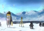  1girl animal arknights bird brown_hair commentary_request drone english_commentary highres long_hair magallan_(arknights) mixed-language_commentary mountain penguin scenery snow solo turnip_eh 