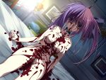  2girls bisected blood bow breasts brown_eyes censored chandelier completely_nude corpse dark_blue_(game) empty_eyes facing_viewer fusion game_cg guro hair_bow indoors long_hair medium_breasts mosaic_censoring multiple_girls nipples nude on_bed painting_(object) pale_skin purple_eyes purple_hair sagittal_plane_cutting sendou_rina sendou_rio siblings sisters spoilers stitches sunlight suspension tsurusaki_takahiro 