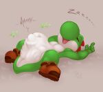  4_fingers ambiguous_gender anthro body_outline boots clothing cownugget digestion digestion_noises fingers footwear grass humanoid mario_bros nintendo plant sleeping solo text vore yoshi yoshi_(character) 