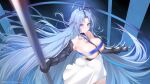  1girl absurdres alsace_(azur_lane) armored_gloves azur_lane blue_eyes blue_hair blue_ribbon breastless_clothes breasts commentary_request highres holding holding_pole long_hair looking_at_viewer pole ribbon ribbon_between_breasts skirt solo thunder-35 upper_body very_long_hair white_skirt 