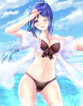  arm_up bikini black_bikini blue_hair blue_sky blush breasts cleavage clenched_hand cloud cowboy_shot day front-tie_bikini front-tie_top gorua_(youce01) hand_on_own_forehead large_breasts long_hair looking_at_viewer love_live! love_live!_sunshine!! matsuura_kanan md5_mismatch navel ocean one_eye_closed open_mouth outdoors ponytail purple_eyes scrunchie see-through shirt short_sleeves sky smile solo standing swimsuit water wet wet_clothes wet_shirt white_shirt 