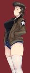  1girl absurdres black_shirt blue_shorts brown_hair commentary cosplay cutoffs denim denim_shorts girls_und_panzer green_eyes half-closed_eyes hands_in_pockets highres jacket kay_(girls_und_panzer) kay_(girls_und_panzer)_(cosplay) koyama_harutarou long_hair looking_at_viewer micro_shorts open_clothes open_jacket open_mouth pompadour red_background saunders_military_uniform shirt shorts simple_background solo standing thighhighs white_thighhighs yuri_(girls_und_panzer) 