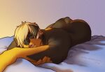  amarox anthro bed blonde_hair canid canine canis chester_(amarox) digital_drawing_(artwork) digital_media_(artwork) domestic_dog furniture hair hair_over_eye hi_res lying lying_on_bed male mammal mastiff molosser muscular nude on_bed one_eye_obstructed rottweiler short_tail sleeping solo tail 