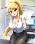  1girl blonde_hair blue_eyes breasts canadiananiguy cleavage high_ponytail highres holding holding_paper large_breasts long_hair looking_at_viewer metroid office_lady open_mouth pantyhose paper pencil_skirt ponytail samus_aran shirt skirt solo thighs very_long_hair white_shirt 