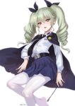  :o anchovy anzio_school_uniform artist_name belt black_cape black_neckwear black_ribbon blue_skirt brown_eyes cape collared_shirt drill_hair girls_und_panzer green_hair hair_between_eyes hair_ribbon holding leg_up long_hair looking_at_viewer meto31 miniskirt necktie open_mouth pantyhose ribbon riding_crop shirt simple_background skirt solo standing standing_on_one_leg tsurime twin_drills twintails white_background white_legwear white_shirt wing_collar 