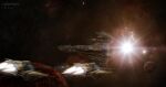  3d absurdres alecmcleod artist_name blurry blurry_foreground caldari_state_(eve_online) capital_ship_(eve_online) carrier carrier_(eve_online) cloud combat_ship_(eve_online) commentary eve_online flying highres lens_flare military_vehicle nebula no_humans original outdoors photoshop_(medium) planet realistic scenery science_fiction sky space spacecraft star_(sky) starry_background starry_sky super_capital_ship_(eve_online) thrusters wyvern_(eve_online) 