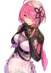  1girl absurdres alwaysregg belt black_gloves blush breasts cleavage closed_mouth gloves hair_ornament hair_over_one_eye highres large_breasts looking_at_viewer medium_breasts medium_hair pink_hair purple_eyes solo taoqi_(wuthering_waves) tassel white_background wuthering_waves 