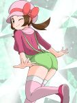  ;) bow brown_eyes brown_hair cabbie_hat closed_mouth eyelashes from_behind green_overalls hat hat_bow highres leg_up looking_at_viewer looking_back lyra_(pokemon) official_alternate_color one_eye_closed overalls pink_footwear pink_shirt pink_thighhighs pokemon pokemon_masters_ex red_bow shirt shoes sleeves_past_elbows smile thighhighs twintails ya_mari_mo_3 