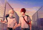  2boys belt blonde_hair blue_eyes boku_no_hero_academia brown_belt burn_scar cactusnabe carrying_bag chain-link_fence cloud collared_shirt fence highres holding_hands male_focus multicolored_hair multiple_boys necktie outdoors parted_lips red_eyes red_hair red_necktie scar scar_on_face school_uniform shirt short_sleeves spiked_hair sunset teeth todoroki_shouto twitter_username two-tone_hair u.a._school_uniform upper_body white_hair white_shirt yaoi 