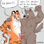  anthro blush canid canine canis comparing comparing_penis dogbro69 duo felid hi_res male male/male mammal pantherine tiger 