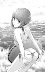  1girl ass back bikini bob_cut butt_crack commentary_request from_behind grey_eyes greyscale highres innertube looking_at_viewer looking_back monochrome oikawa_tooru original short_hair solo striped_bikini striped_clothes swim_ring swimsuit water 