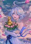  1girl blue_bow blue_eyes bouquet bow cloud cowlick crossed_arms crown crying crying_with_eyes_open detached_sleeves dress drop-shaped_pupils english_commentary falling_petals furina_(genshin_impact) genshin_impact gradient_sky grey_choker heterochromia highres holding holding_bouquet huge_bow izzycrownart looking_at_viewer mini_crown open_mouth petals purple_sky red_sky short_hair sky solo symbol-shaped_pupils tears teeth trophy twitter_username upper_body water wavy_hair white_dress white_sleeves 