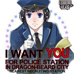  artist_request black_hair blue_eyes english gloves hat i_want_you kerberos_blade lowres male_focus parody pointing pointing_at_viewer police police_hat police_uniform solo uncle_sam uniform 
