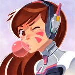  bangs bodysuit brown_eyes brown_hair bubble_blowing chewing_gum d.va_(overwatch) face facepaint facial_mark headphones high_collar highres lips long_hair looking_at_viewer marker_(medium) nuri_durr one_eye_closed overwatch photo pilot_suit pink_lips ribbed_bodysuit solo swept_bangs traditional_media whisker_markings 