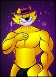  2016 biceps big_biceps big_muscles black_clothing black_nose border cat cheek_tuft clothed clothing collectollider digital_drawing_(artwork) digital_media_(artwork) feline front_view fur hat huge_bulge male mammal manly muscular muscular_male pecs portrait purple_background signature simple_background standing thong three-quarter_portrait top_cat topless tuft whiskers white_fur yellow_fur 