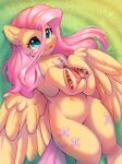  alphadesu arthropod eyelashes feathers female feral fluttershy_(mlp) friendship_is_magic hair hasbro hi_res insect lepidopteran lying moth my_little_pony navel on_back pink_hair pupils smile solo thick_thighs yellow_body yellow_feathers 