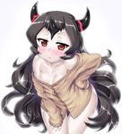  ahoge alternate_costume bare_shoulders black_hair blush breasts cardigan collarbone cowboy_shot hairband hand_on_hip hand_on_own_thigh hase_yu headgear horns isolated_island_hime kantai_collection leaning_forward long_hair looking_at_viewer naked_cardigan naked_sweater off-shoulder_sweater off_shoulder open_mouth pale_skin red_eyes shinkaisei-kan shiny shiny_hair shiny_skin simple_background small_breasts solo standing sweater white_background 