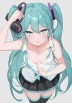  1girl absurdres aqua_eyes aqua_hair arm_tattoo arm_up bare_arms black_skirt black_thighhighs blush breasts cleavage collarbone collared_shirt commentary_request dress_shirt from_above grey_background hair_between_eyes hair_ornament hatsune_miku headphones highres holding kawasuru_(15miclon) long_hair looking_at_viewer looking_up miniskirt open_clothes open_mouth open_shirt partially_unbuttoned pleated_skirt shirt simple_background skirt sleeveless sleeveless_shirt small_breasts solo standing sweatdrop tattoo thighhighs twintails very_long_hair vocaloid white_shirt wing_collar zettai_ryouiki 