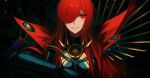  1girl bad_id bad_pixiv_id black_bodysuit bodysuit cape chain collared_cape crest family_crest fate/grand_order fate_(series) gloves hair_over_one_eye highres inho_song long_hair looking_at_viewer oda_nobunaga_(fate) oda_nobunaga_(maou_avenger)_(fate) popped_collar red_cape red_eyes red_hair smile solo teeth 
