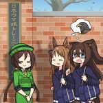  3girls animal_ears bird bird_wings blue_eyes blue_jacket breasts brick brick_wall brown_hair buttons clenched_hand closed_eyes double-breasted eagle el_condor_pasa_(umamusume) grass_wonder_(umamusume) green_hat green_jacket green_skirt hair_ornament hair_up hamu_koutarou hat hayakawa_tazuna highres horse_girl jacket light_brown_hair looking_at_viewer low_twintails multiple_girls neckerchief open_mouth pleated_skirt shoulder_strap skirt sky smile standing thought_bubble town_musicians_of_bremen tracen_academy translation_request tree twintails umamusume watch wings wristwatch yellow_neckerchief 