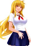  1girl blonde_hair blue_skirt breasts collared_shirt commentary_request cowboy_shot dress_shirt engo_(aquawatery) fate_testarossa highres large_breasts long_hair lyrical_nanoha mahou_shoujo_lyrical_nanoha_strikers neckerchief open_mouth pleated_skirt red_eyes red_neckerchief school_uniform shirt simple_background skirt smile solo white_background white_shirt 