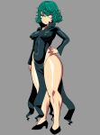  1girl absurdres amazon_(taitaitaira) black_dress black_footwear breasts covered_navel covered_nipples curly_hair dress full_body green_eyes green_hair grey_background high_heels highres one-punch_man short_hair simple_background solo tatsumaki 