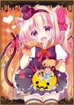  animal_ears basket belt black_dress black_legwear blonde_hair border bow bowtie candy cape cat_ears cat_tail character_name checkered checkered_background commentary_request crystal dress eyebrows eyebrows_visible_through_hair fang flandre_scarlet food glove_bow gloves hair_bow hairband halloween hat hat_bow heart jack-o'-lantern lollipop looking_at_viewer mini_hat mini_top_hat open_mouth orange_background orange_cape orange_gloves paw_pose puffy_short_sleeves puffy_sleeves pumpkin red_bow red_neckwear rikatan short_sleeves side_ponytail solo sparkle sweets tail tail_bow thighhighs top_hat touhou wings 