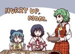  ascot bib blue_hair bow cirno dress english fork green_hair hair_bow hat hat_removed headwear_removed jiru_(jirufun) kazami_yuuka multiple_girls nagae_iku plaid plaid_skirt plaid_vest purple_hair red_eyes shirt short_hair skirt skirt_set spoon sweat touhou vest 