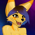  1:1 alex_artist anthro big_ears big_eyes blue_hair breasts brown_eyes brown_hair canid canine chris_(glitter_galaxia) digital_media_(artwork) female fennec_fox fox fur hair happy hi_res mammal open_mouth showing_teeth simple_background solo teeth true_fox yellow_body yellow_fur 