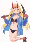  1girl bikini black_bikini blonde_hair blue_jacket breasts facial_mark fate/grand_order fate_(series) forehead_mark highres horns ibaraki_douji_(fate) ibaraki_douji_(swimsuit_lancer)_(fate) jacket long_hair looking_at_viewer mame_cs5 oni open_clothes open_jacket pickaxe pointy_ears small_breasts smile solo swimsuit yellow_eyes 