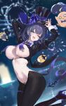  1girl anchor_ornament animal_ears aqua_eyes arms_up azur_lane breast_curtains breasts cheshire_(azur_lane) cheshire_(the_cat_in_the_magic_hat)_(azur_lane) covered_navel fake_animal_ears fireworks freng hat high_heels highres large_breasts leotard manjuu_(azur_lane) medium_hair meme_attire multicolored_hair neck_ribbon nontraditional_playboy_bunny official_alternate_costume one_eye_closed playboy_bunny reverse_bunnysuit reverse_outfit ribbon see-through see-through_leotard shrug_(clothing) smile streaked_hair thigh_strap top_hat 