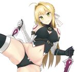  1girl ahoge bad_id bad_pixiv_id bare_shoulders belt black_panties blonde_hair blush bodypaint braid breasts cleavage cleavage_cutout clothing_cutout cosplay crop_top dagger fate_(series) green_eyes hair_intakes holding holding_dagger holding_knife holding_weapon jack_the_ripper_(fate/apocrypha) jack_the_ripper_(fate/apocrypha)_(cosplay) knife large_breasts long_hair looking_at_viewer navel nero_claudius_(fate) panties patyu3 scar scar_on_face smile solo stomach tange_sakura underwear voice_actor_connection weapon 