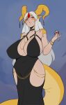  arbuzbudesh big_breasts breasts dragon female glass_of_wine gold_(metal) gold_jewelry grey_hair hair hollow_hip_backless_chain_dress horn huge_breasts humanoid jewelry mythological_creature mythological_scalie mythology red_eyes scalie solo tail tassle 