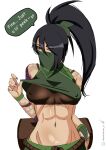  1girl abs absurdres akali arm_tattoo black_bra black_hair bra breasts clothes_lift covered_nipples english_text eyeliner flashing hayashidraws heart high_ponytail highres league_of_legends lifting_own_clothes long_hair makeup mask medium_breasts mouth_mask navel ninja ninja_mask ponytail red_eyeliner red_eyes shirt_lift shoulder_tattoo simple_background solo speech_bubble stomach tattoo underwear white_background 