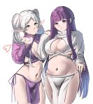  2girls absurdres breasts cleavage_cutout clothing_cutout dangle_earrings drop_earrings earrings elf fern_(sousou_no_frieren) frieren green_eyes heart highres jewelry large_breasts long_hair multiple_girls navel pelvic_curtain pointy_ears purple_eyes purple_hair purple_loincloth purple_sweater side-tie_loincloth sousou_no_frieren sweater twintails white_hair white_loincloth white_sweater yujin_(kanouyuuto-0423) 