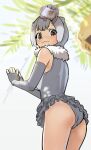  1girl :3 animal_ears animal_on_head bare_legs bare_shoulders blush brown_eyes cowboy_shot elbow_gloves eo89261 fingerless_gloves frilled_one-piece_swimsuit frills from_behind from_below fur_collar gloves grey_gloves grey_hair grey_one-piece_swimsuit hair_between_eyes highres kemono_friends looking_at_viewer multicolored_hair no_tail on_head one-piece_swimsuit otter otter_ears otter_girl sidelocks small-clawed_otter_(kemono_friends) solo swimsuit white_fur white_hair 