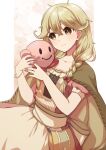  1girl absurdres anti-kirby blonde_hair blush braid brown_eyes brown_hair cameo cape chihiro_(chihiro3399) commission dress faye_(fire_emblem) fire_emblem fire_emblem_echoes:_shadows_of_valentia highres holding jewelry kirby_(series) long_hair low-braided_long_hair low-tied_long_hair simple_background smile solid_oval_eyes the_legend_of_zelda the_legend_of_zelda:_link&#039;s_awakening twin_braids 