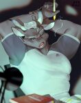  anthro black_body black_fur bovid bovine cattle clothing fur hair holding_object holding_pen horn male mammal muscular muscular_anthro muscular_male one_eye_closed open_mouth pen sd_planb shirt solo t-shirt topwear white_hair 